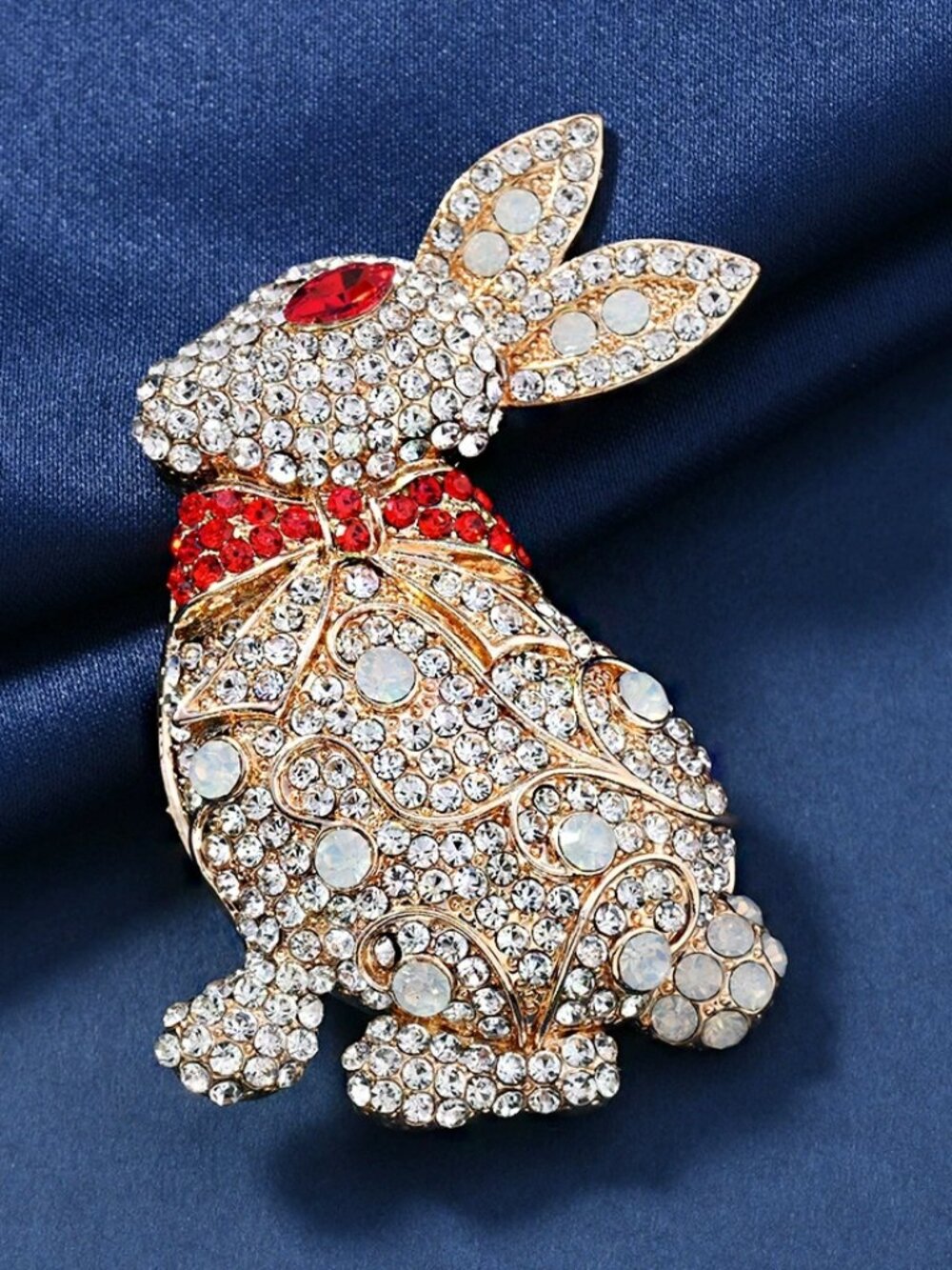 Sparkling Rhinestone Rabbit Brooch with Red Bow